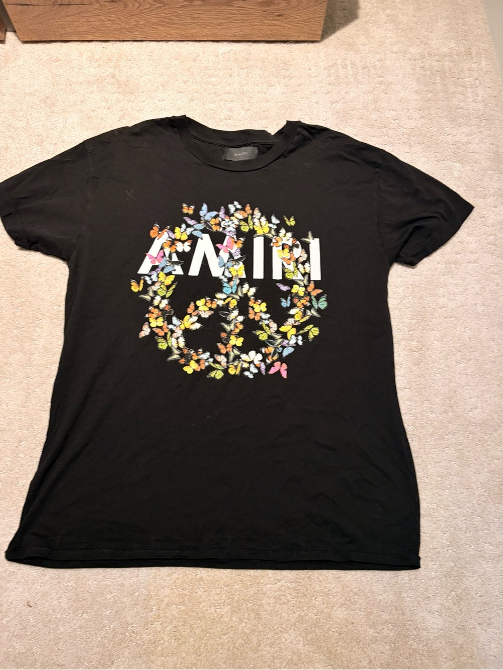 Amiri Black Graphic Tee with Colorful Butterfly Peace Sign